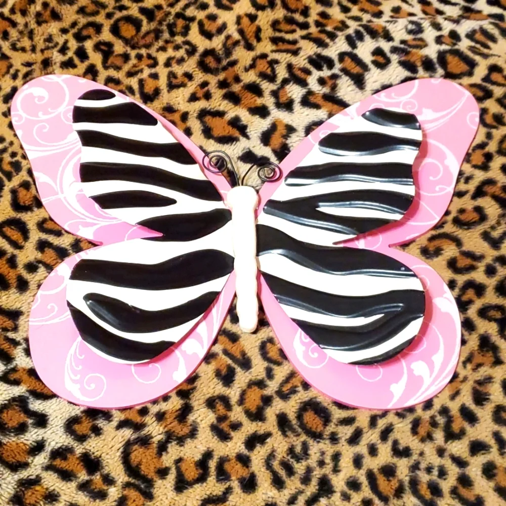Pink & Zebra 3D Butterfly Wall Decoration 16" wide x 12 1/2" tall - Picture 2 of 2